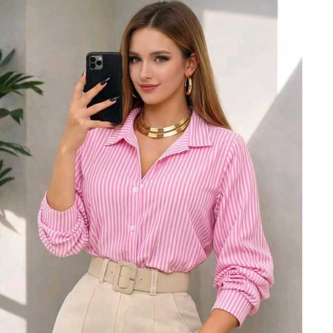 Camisa Feminina Social Manga Longa Listrada Moda Casual Chique em Crepinho M G GG