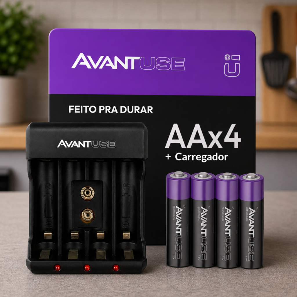 Kit 4, 8 ou 16 Pilhas AA Comum ou AAA Palito Recarregável + Carregador Rápido Bivolt Avant Use