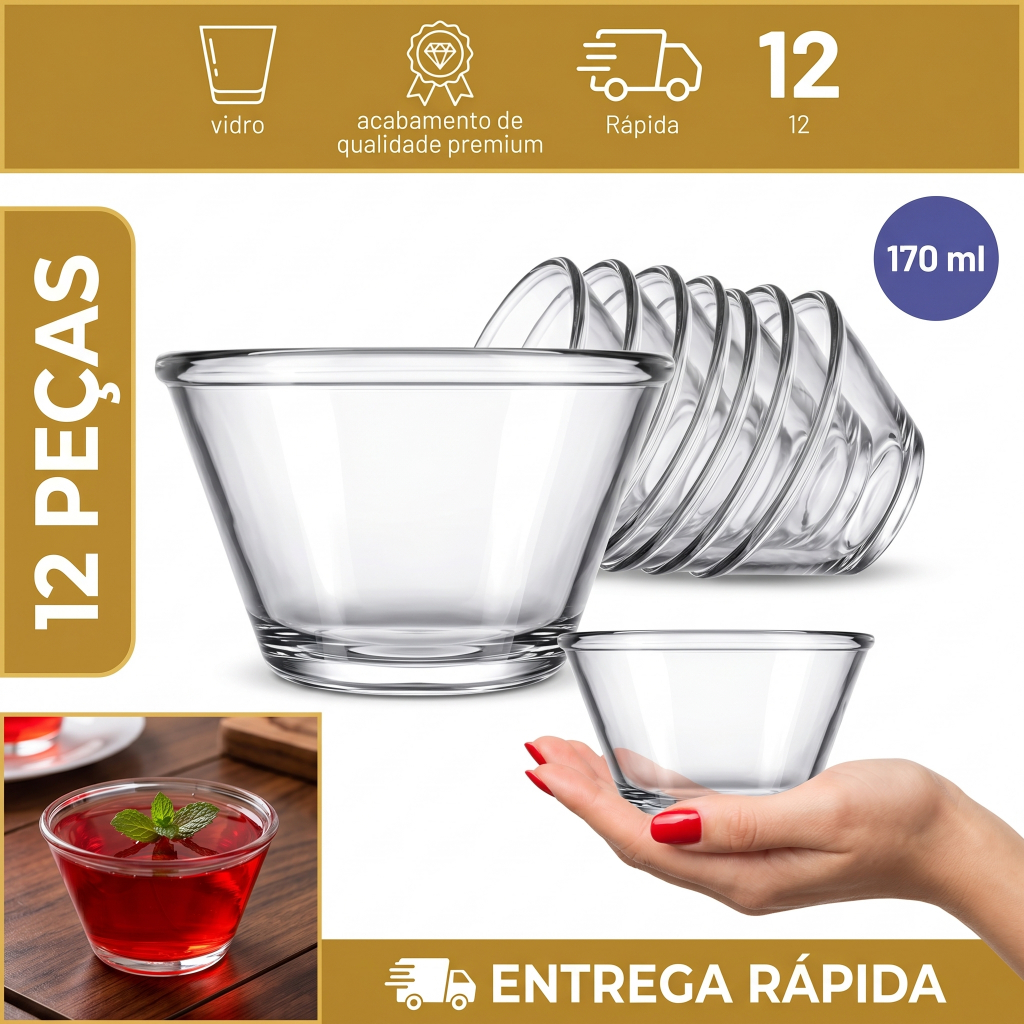 Kit Jogo de 12 Tigelas de vidro Multiuso Nadir Poli 170ml transparente Pronta Entrega