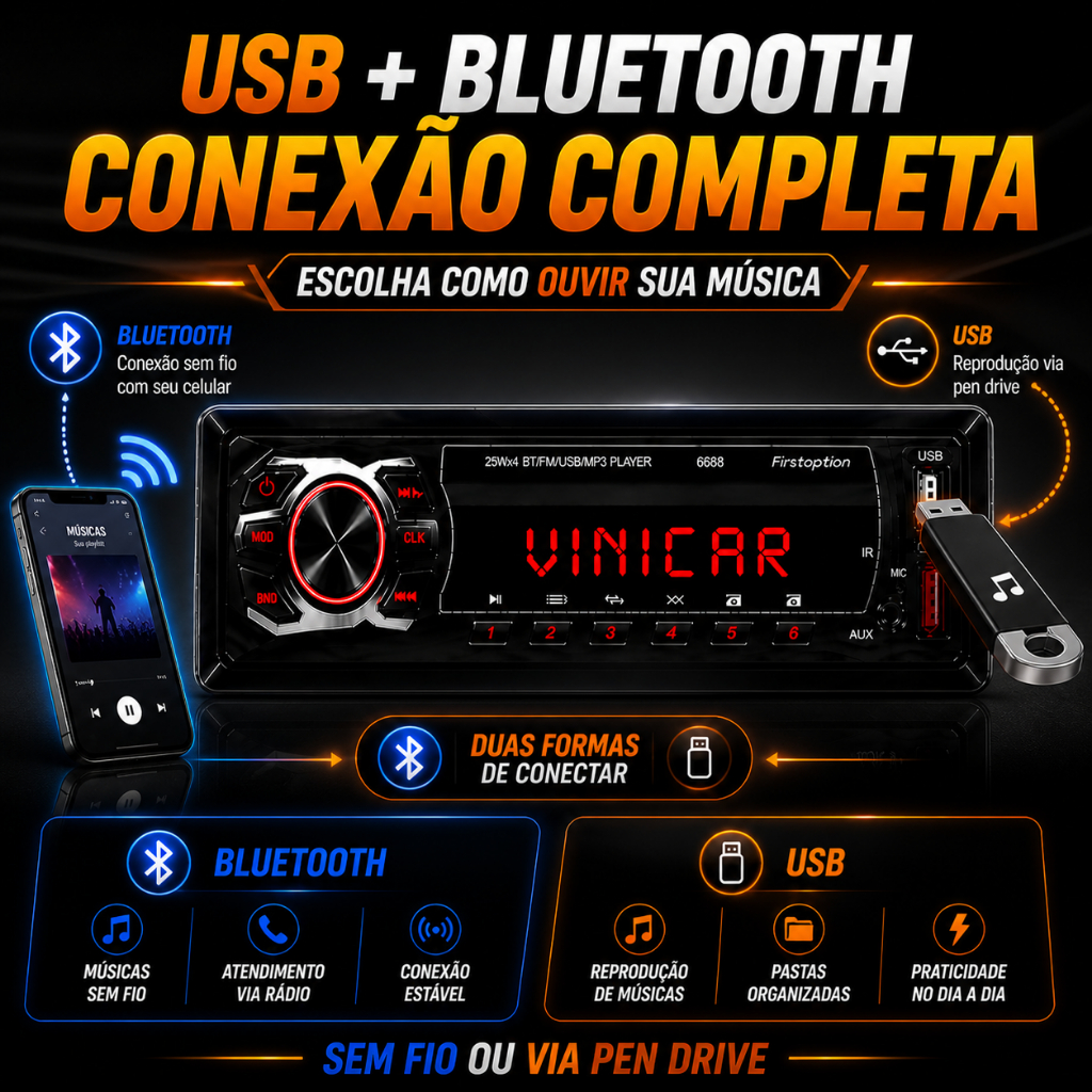 Som Automotivo Mp3 Bluetooth Universal 1 Din Rádio Fm