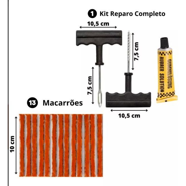 Kit Reparo Pneu Sem Camara Moto Carro + 10 Refis Macarrão Pneu