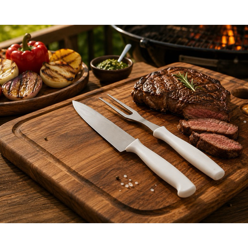 Kit Churrasco Garfo de Churrasco + Faca de Churrasco em Aço Inox cabo Branco