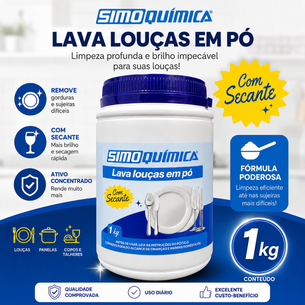 Sabão Detergente Em Pó para Máquina de Lavar Louças 1kg Simoquímica Limpeza Profunda Brilho Intenso