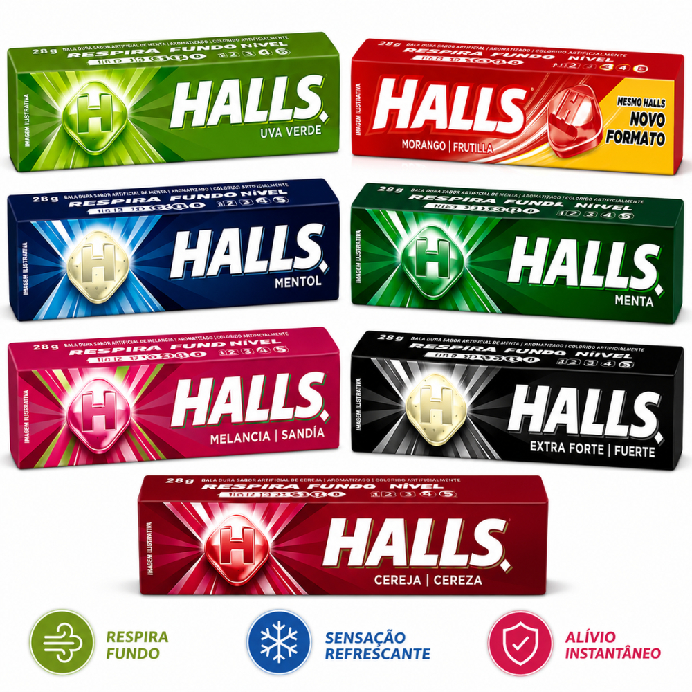 Drops Halls Caixa 21 Un Kit Sortido Cereja, Extra Forte, Melancia, Morango, Menta, Mentol, Uva Verde