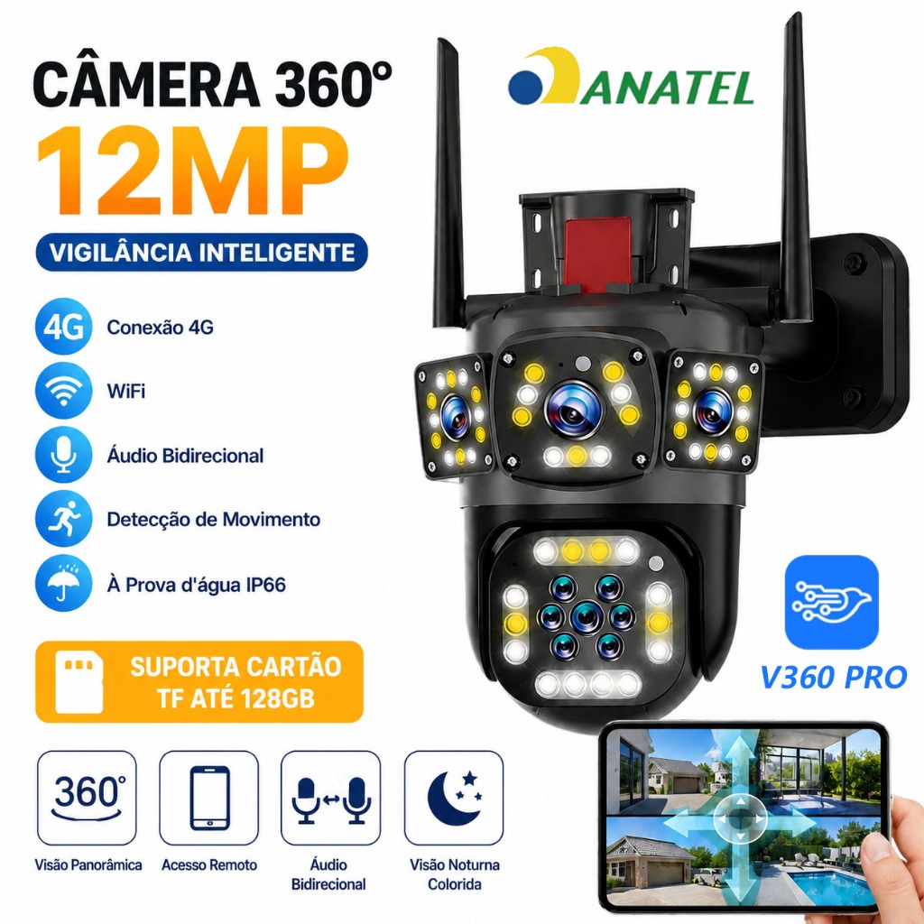Câmera 2 Lentes V360 WiFi IP66 360° Giratória Rastreio de Movimento Visão Noturna Uso Interno e Externo P20