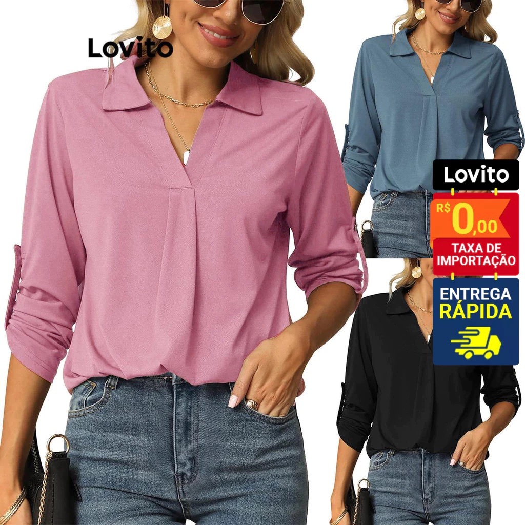 Lovito Blusa com Gola de Camisa e Decote V e Manga 7/8 com Martingale BRBLNS51BX209PB