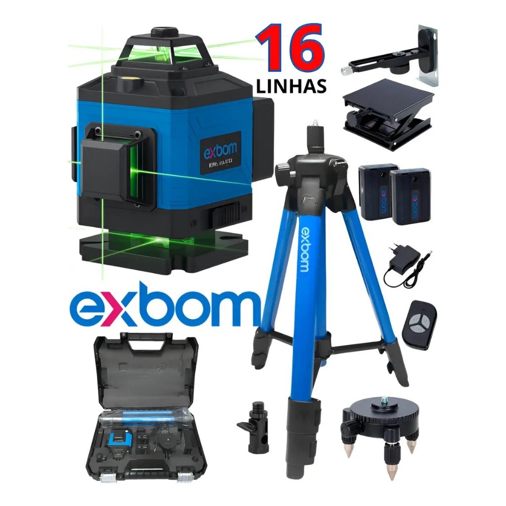 Nível Laser 16 Linhas + Tripé Exbom + Maleta 2 Baterias 360