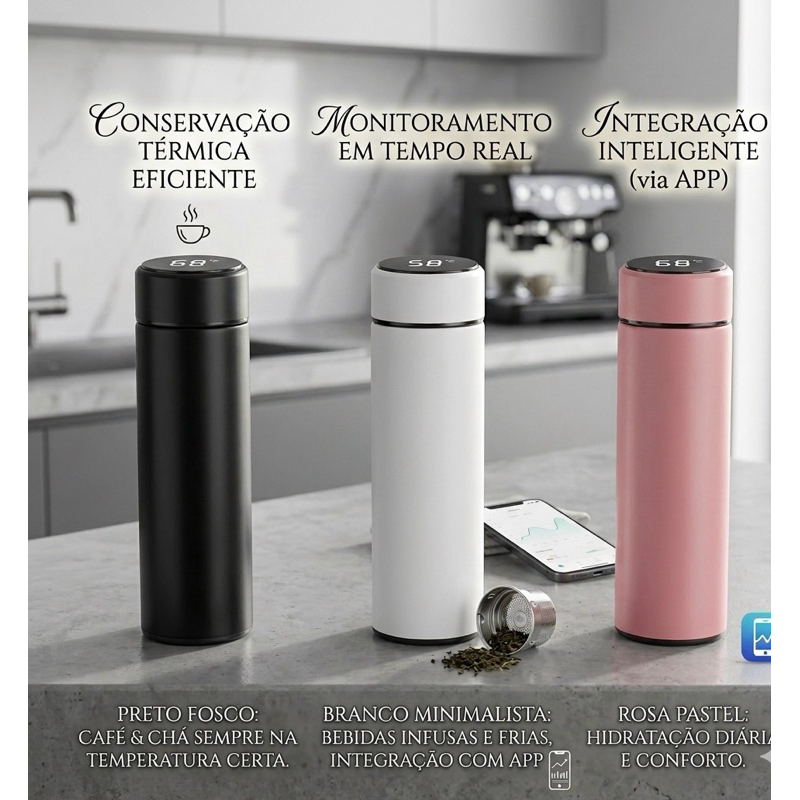Garrafa Térmica Digital Com Termômetro 500Ml Visor Led Inteligente Inox