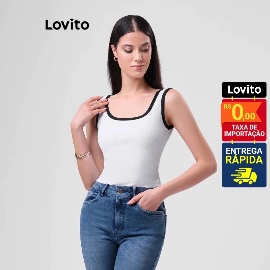 Lovito Regata Feminina Casual Lisa Decote Redondo Viés Contrastante BRTKB31BRL060