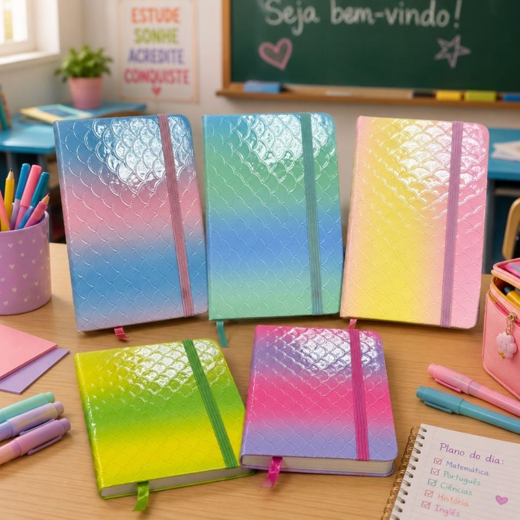 Caderneta Caderno de Anotações Couro Eco Agenda Colors Degrade Papelaria Escritório Recados Tarefas