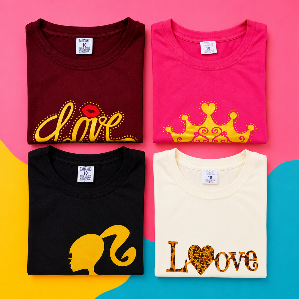 Kit 4 Peças de Blusas Infantil Juvenil Feminino – Estampas Modernas e Divertidas 8 a 16 Tecido Viscolycra