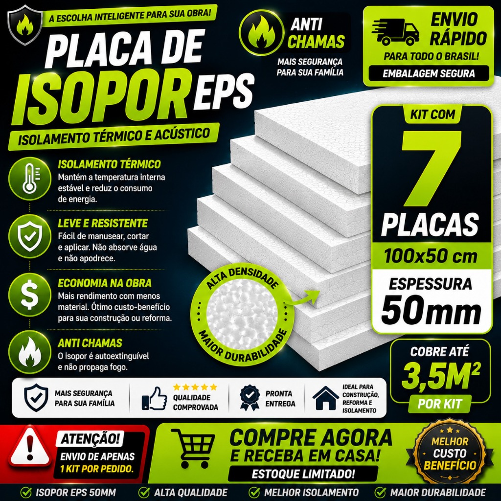 Kit 7 Placas de Isopor 50mm, Antichamas, Isolamento ,Teto ,Parede ,Telhado. Sanca, laje, Forro.