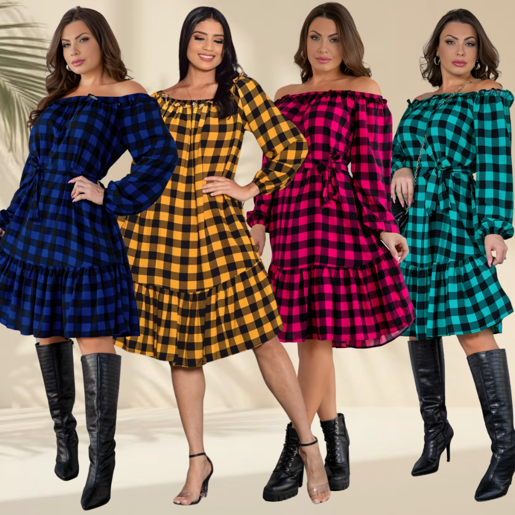 Vestido Xadrez Festa Junina Feminino Caipira Manga Longa Ombro a Ombro Rodado Midi Cinto Ajustável