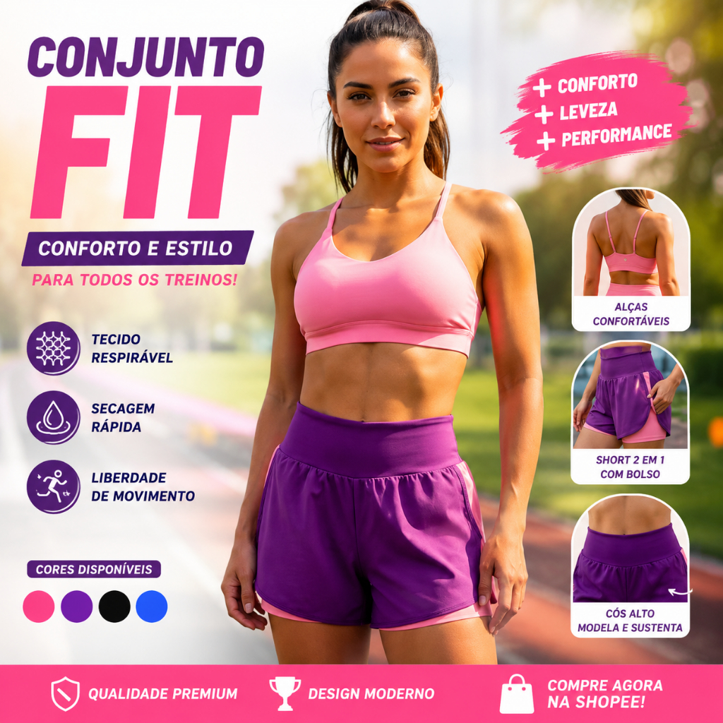 Conjunto Fitness Feminino Academia Short duplo e Top c/ bojo
