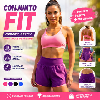 Conjunto Fitness Feminino Academia Short duplo e Top c/ bojo