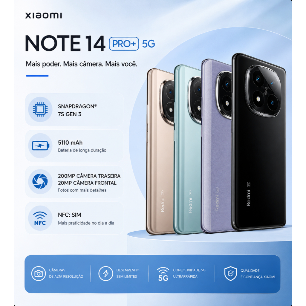 Redmi Note 14 Pro+ 5G NFC 256GB+12GB Smartphone Câmera 200MP Snapdragon® 7s Gen 3 Bateria 5110mAh Tela AMOLED