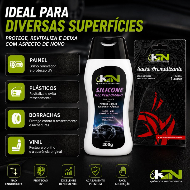 Silicone Gel Perfumado Automotivo 200g + Aromatizante Tutti Frutti KN Painel Plástico Vinil
