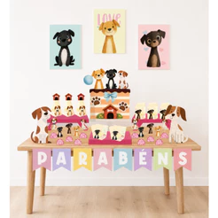 Kit Festa Cachorrinhos Personalizado | Topo de Bolo + Bandeirola + Displays + Tags + Caixas | Festa Infantil