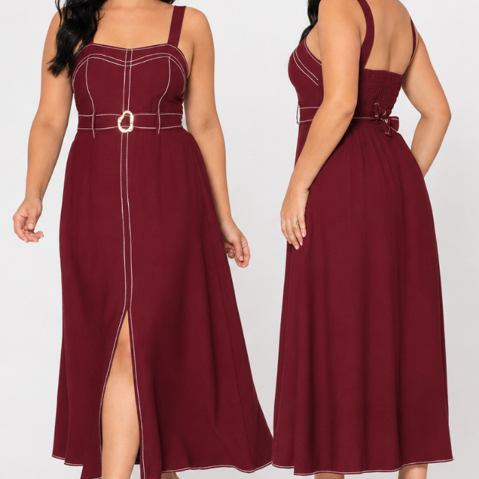 Vestido Midi Feminino Sensorial Marrant Premium Com Cinto Alça Larga Elegante 2026 May Modas