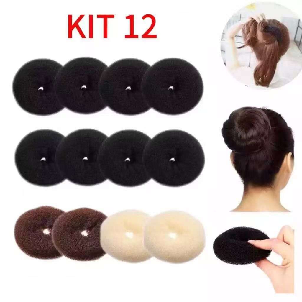 Kit 12 Esponja Rosquinha para Coque – Acessório Donut Hair Modelador de Coque Feminino