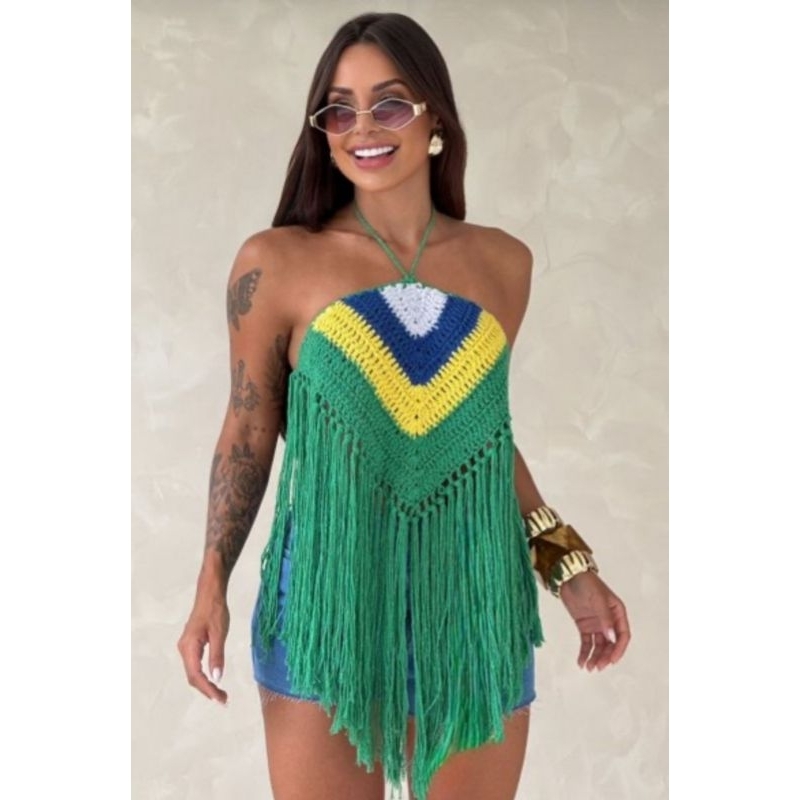 Cropped Top Crochê franja Copa Brasil Tendência triângulo Verão Amarraçao 2026