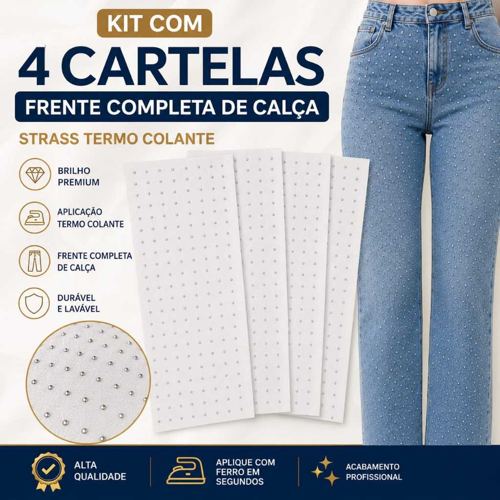 Kit 4 Cartelas Strass Hot Fix Termocolante Premium Frente Completa Calça Jeans