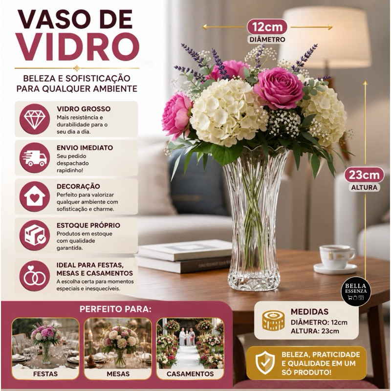 Vaso de Vidro Decorativo Cristal Reforçado Grande para Flores Mesa Sala Quarto Decoração Elegante