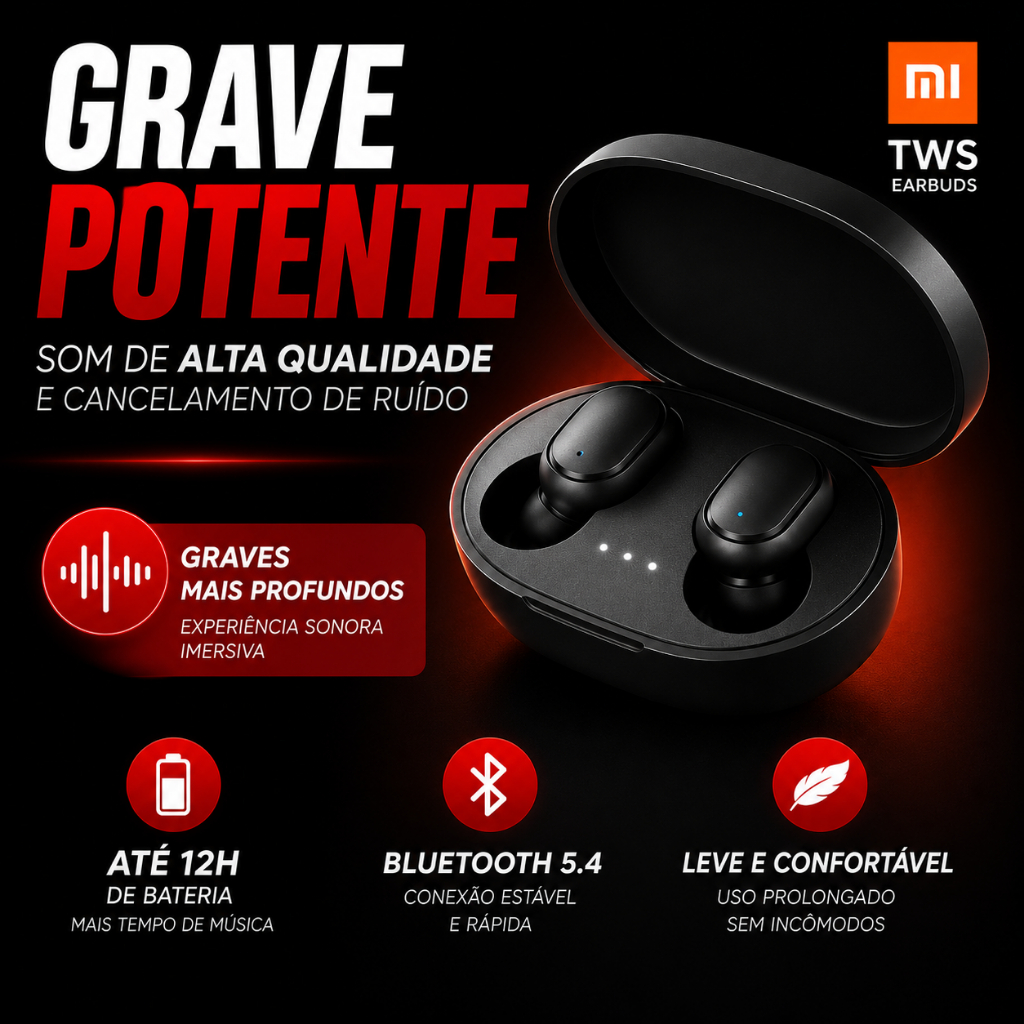 Fone Bluetooth TWS Grave Potente + Cancelamento Ruído + Microfone De Qualidade