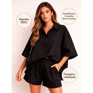 Conjunto Camisa Oversized Preta + Shorts Feminino, Moda Casual Verão, Conjunto 2 Peças Versátil