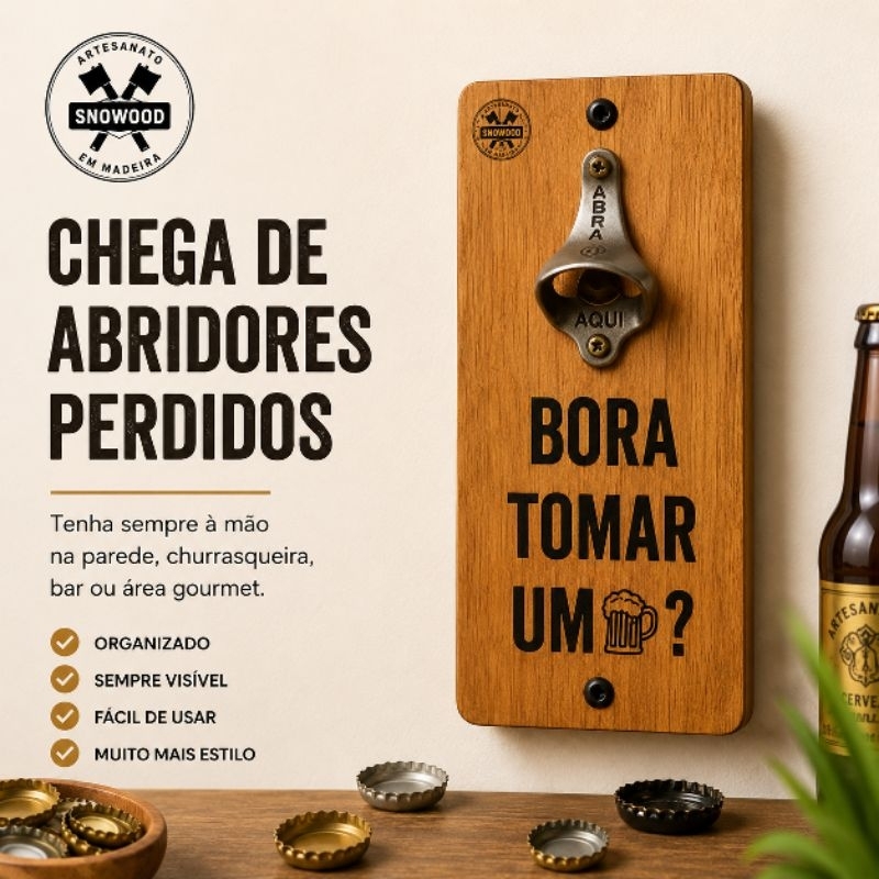 Abridor de Garrafa Magnético de Madeira para Parede | Área Gourmet | Churrasqueira | Bares | Garrafa