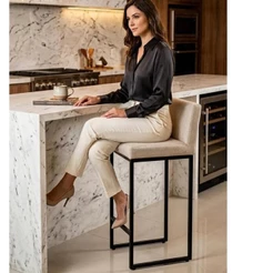 Banqueta Alta Moderna Area Gourmet Cozinha Ferro Dourado Estofado Macio Linho Bege