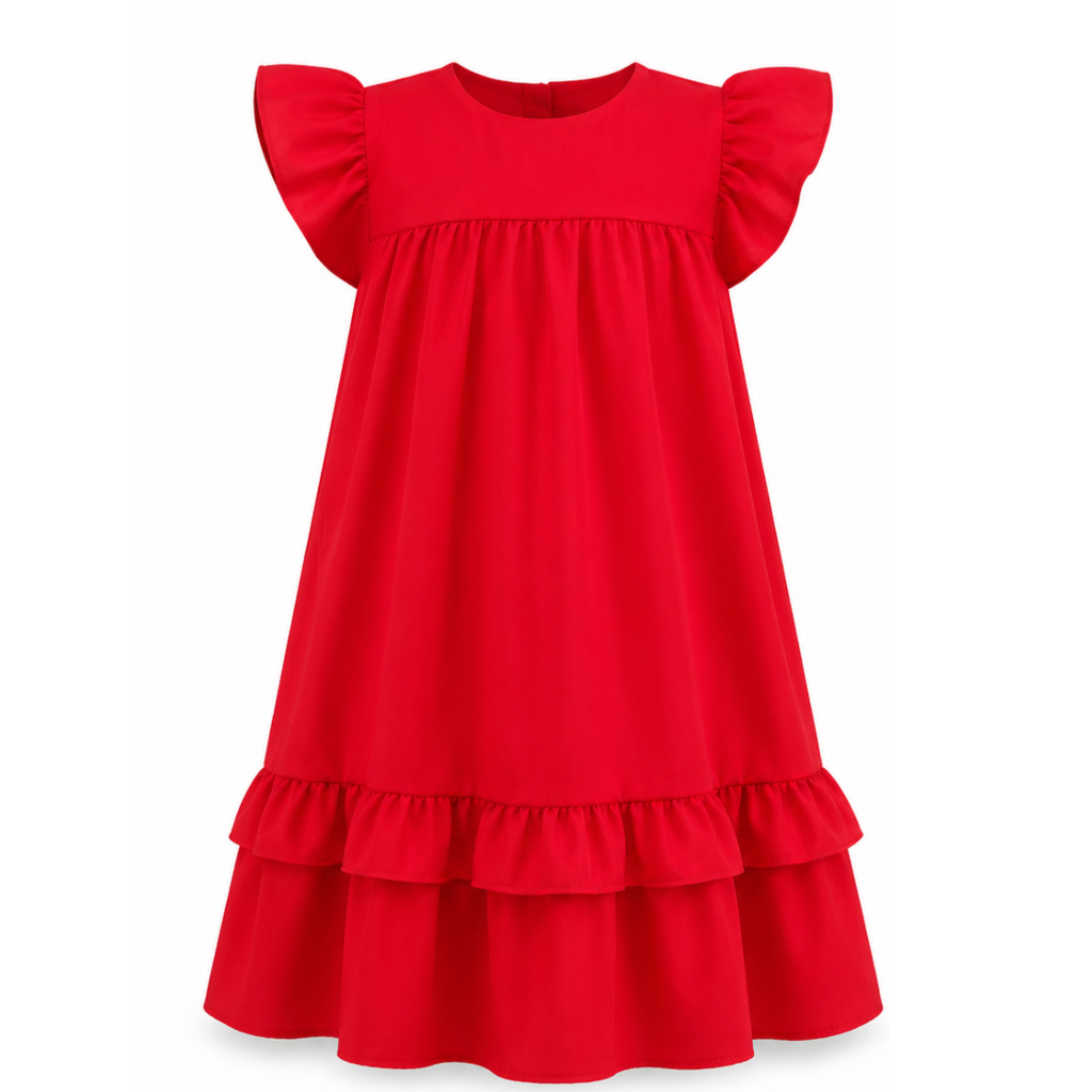 Vestido Infantil Vermelho Com Babado Manga Curta Festa Menina Princesa Casual