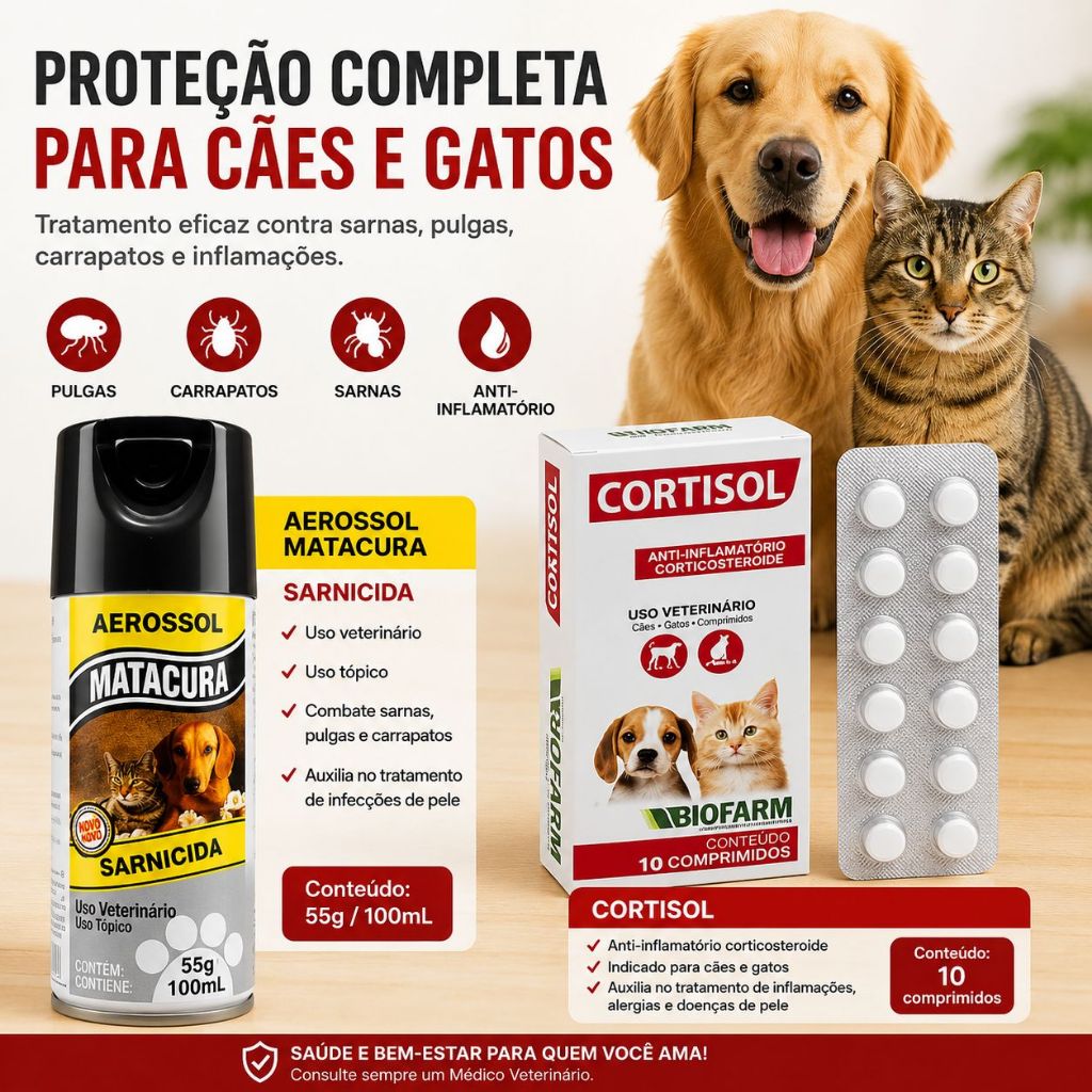 Kit Cortisol + Spray Matacura - Tratamento para Sarna e Doenças de Pele em Cães e Gatos