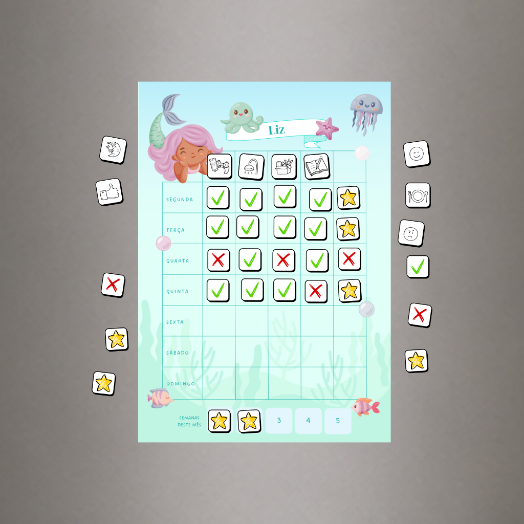 Quadro de Incentivo Infantil Personalizado Sereia Rotina Infantil com Ímãs Quadro Educativo Semanal
