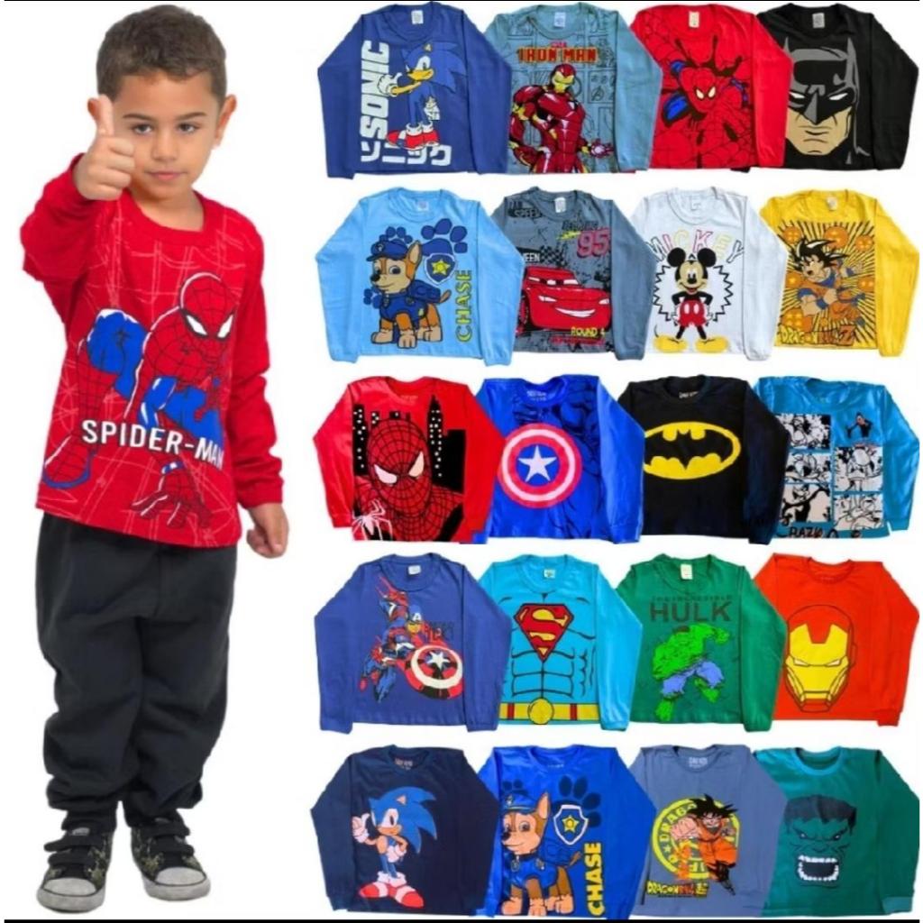 kit 3 camisetas Manga longa de personagens- estampas sortidas- tamanho 2 ao 8 - Tecido 100% algodão
