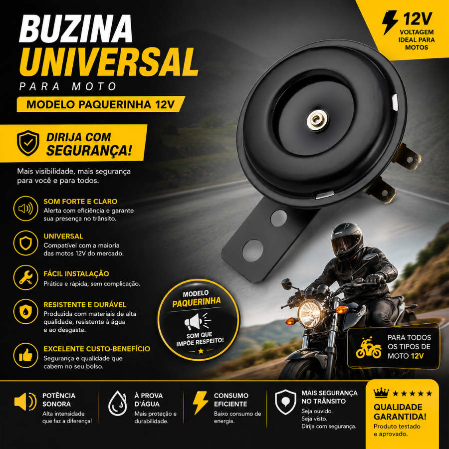 Buzina Universal para Moto Modelo Paquerinha 12V Preto Dirija Com Segurança