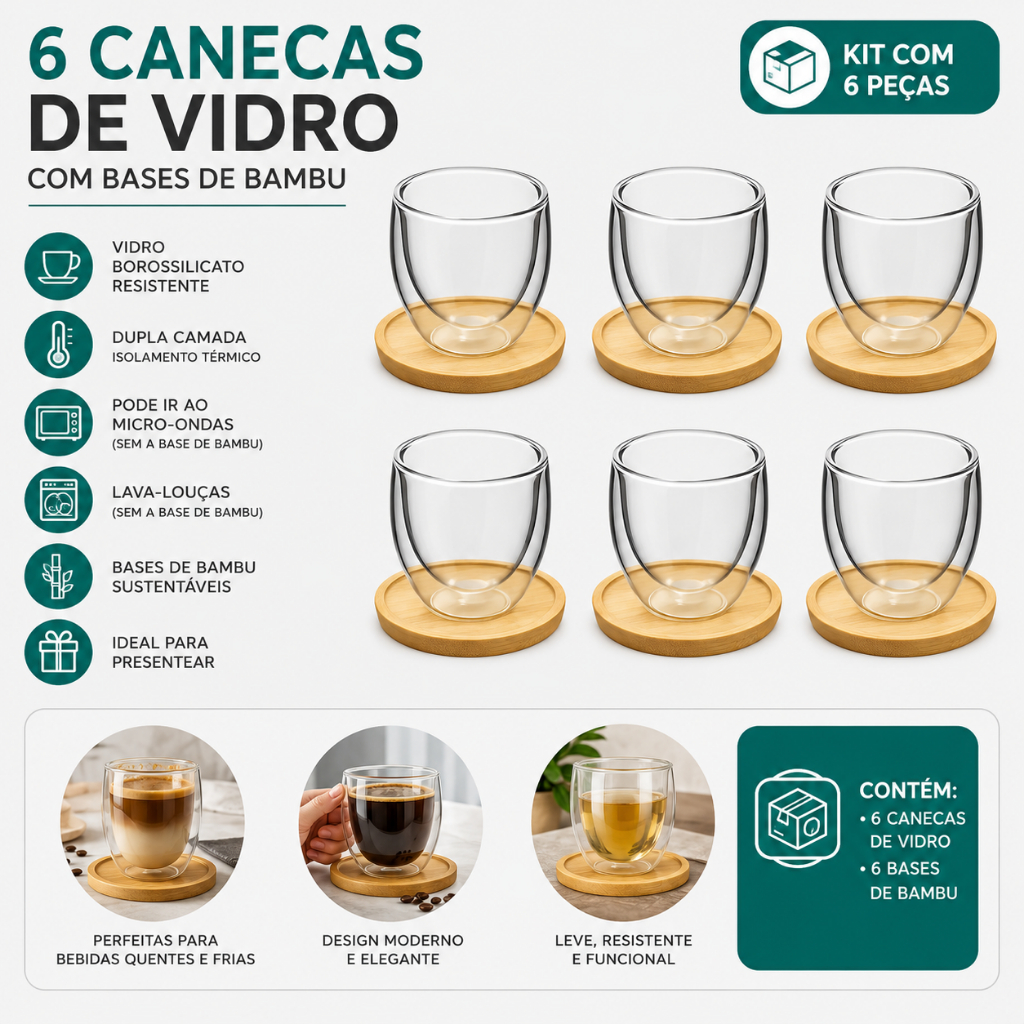 Café Expresso Kit Jogo Xicara 100ml  Chá Copos Dupla Camada Gourmet Vidro Duplo Pires Bambu Presente