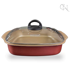 Forma Assadeira Alta 25 cm Quadrada 5 Camadas Antiaderente com Tampa de Vidro Cor Cereja com Dourado