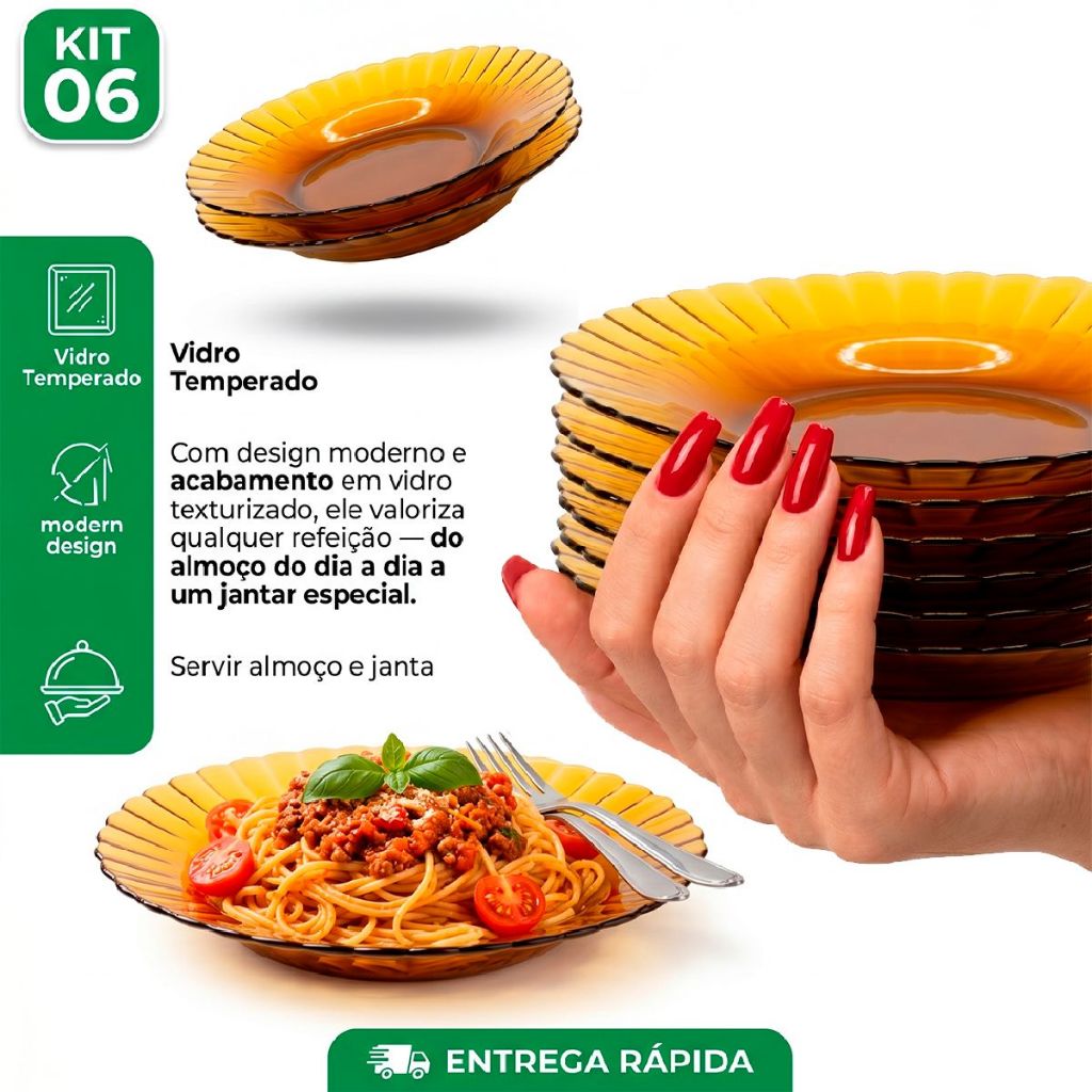 Kit Jogo 6 Pratos Fundos vidro Ambar modelo storn 22cm  Canelado Semelhante a Duralex Vidro importado