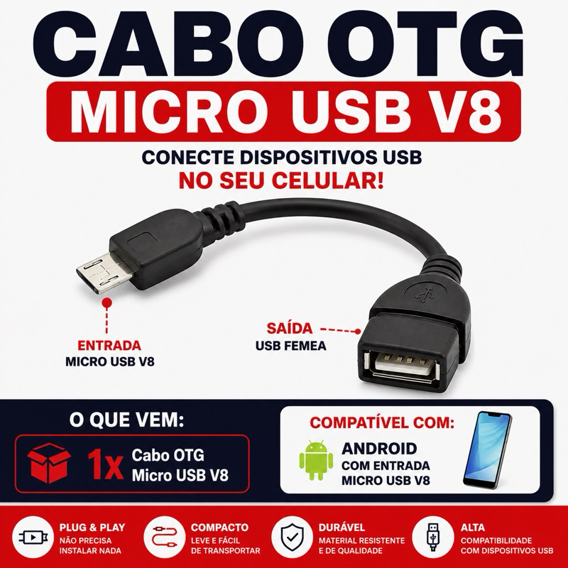 Cabo Adaptador Otg V8 Usb Para Celular Tablet Motorola Samsung Pendrive Micro USB Otg,V8