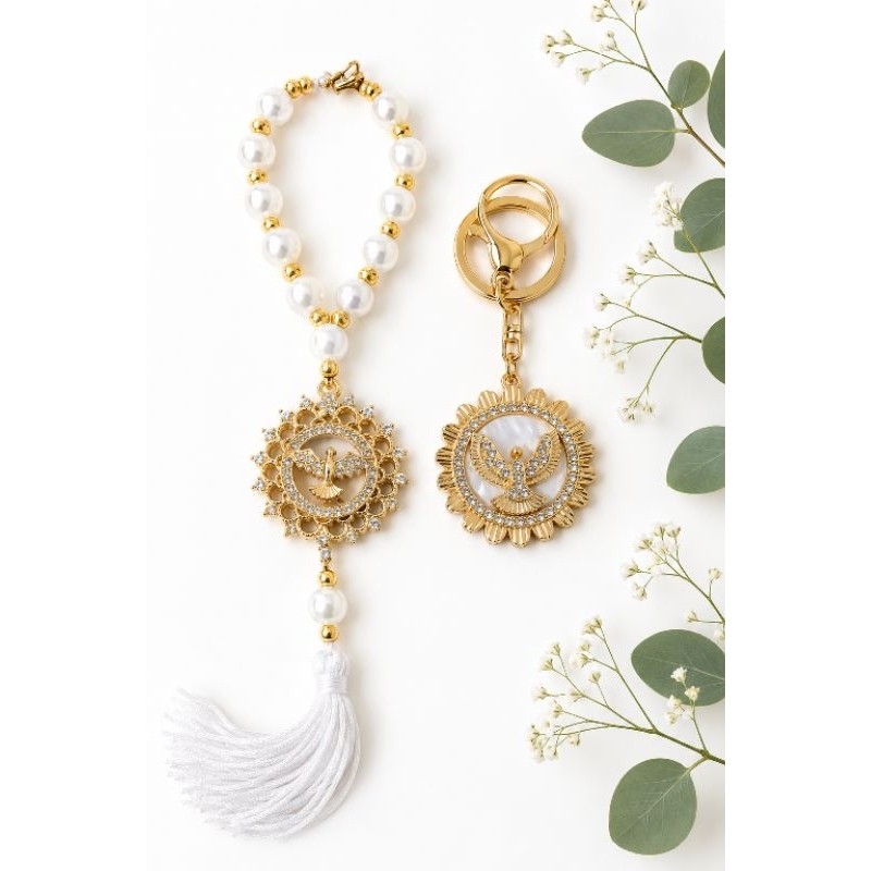 Kit Chaveiro Divino + 1 Terço Dezena Retrovisor Carro Divino Espírito Santo Lembrança Batizado Crisma Religioso Católico