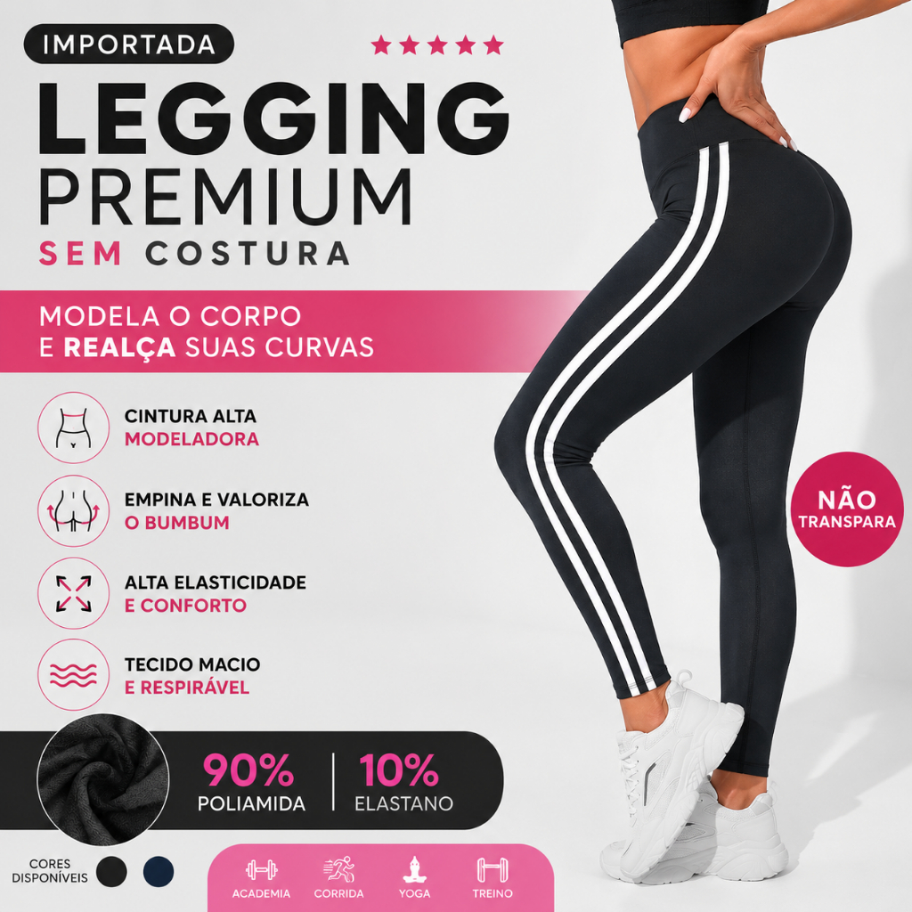 Legging Feminina Importada Sem Costura Poliamida Cintura Alta Academia Fitness Modeladora Com Listra
