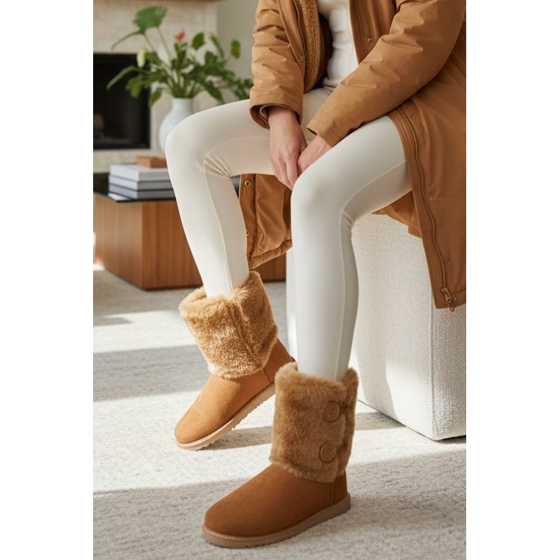 Bota Pelo Cano Curto Botões Polaina Lã 100% Forrada Frio Cano Curto Quente Moda So Pretty Shoes Estilosa Neve