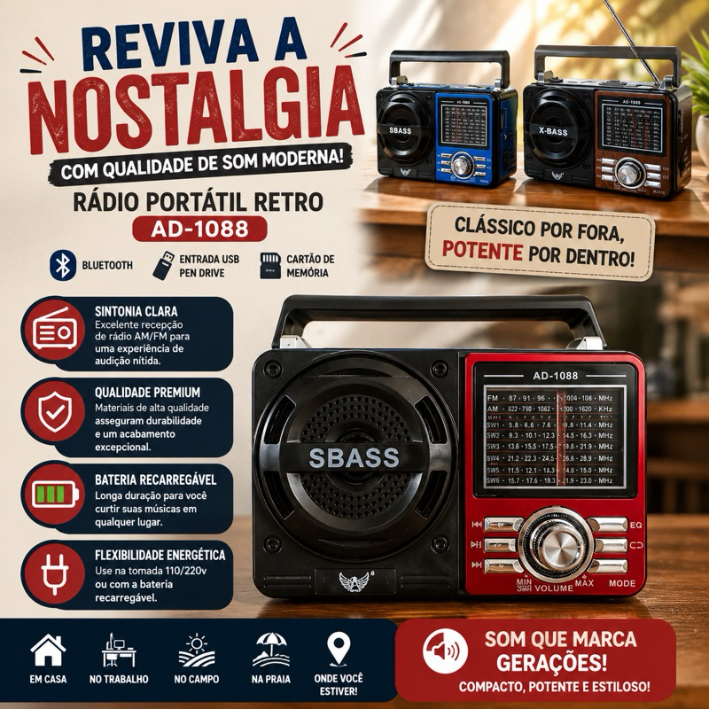 📻🔥 Rádio Portátil Retro AD-1088 – Nostalgia com Tecnologia Moderna! 🔥📻