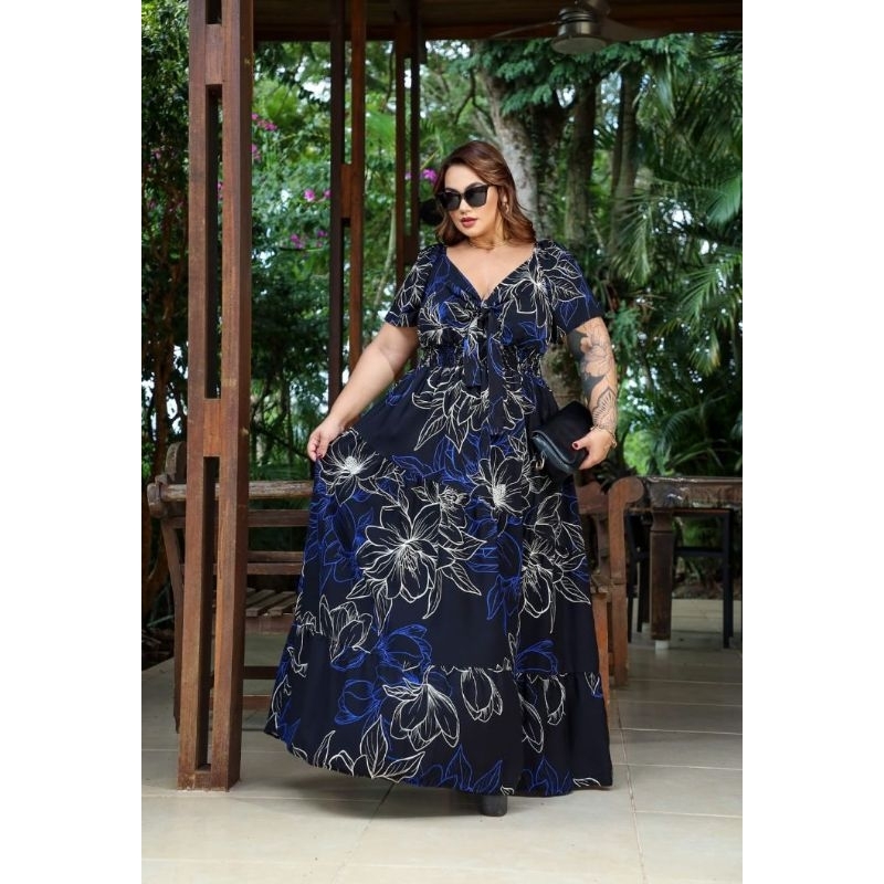 vestido longo plus size com manga e decote l 50 a 58 manu