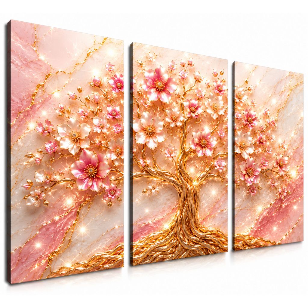 Quadro Grande Decorativo Arvore Da Vida Sala Quarto Cozinha 3 Peças Luxo Gold(CEREJEIRA ROSÊ)