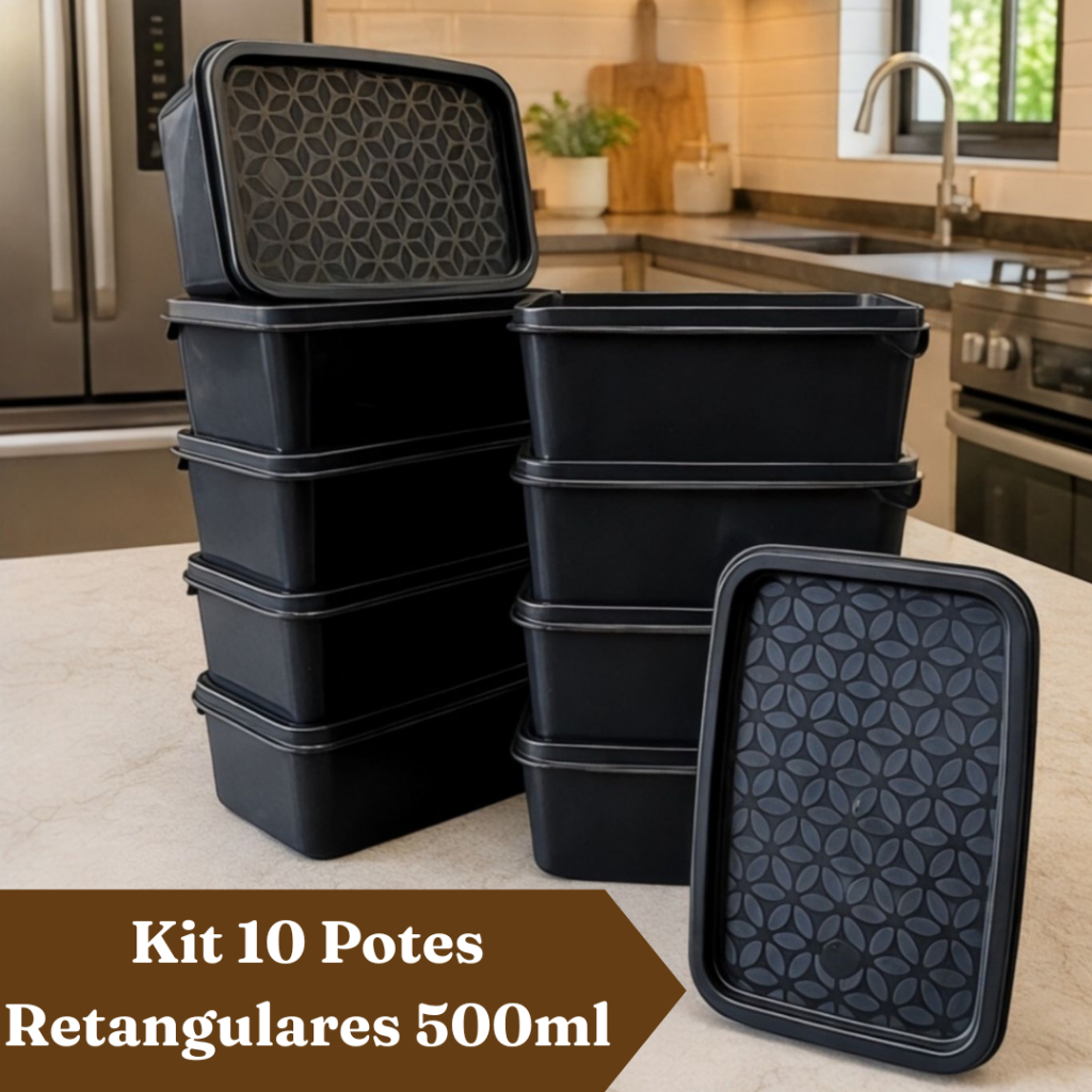 Kit 10 Potes Retangulares 500ml BPA Free Tampa Hermética Vai ao Microondas Freezer e Lava Louças
