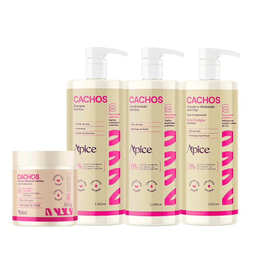 Kit Apse Cachos Shampoo + Condicionador + Ativador + Mascara - 4 Itens Profissional Apice