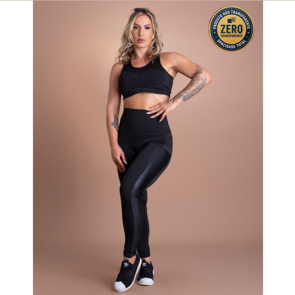 Conjunto Feminino Fitness Calça Legging Cintura Alta Com Bolso Lateral Em Cirrê E Top Tela Academia ZERO TRANSPARÊNCIA