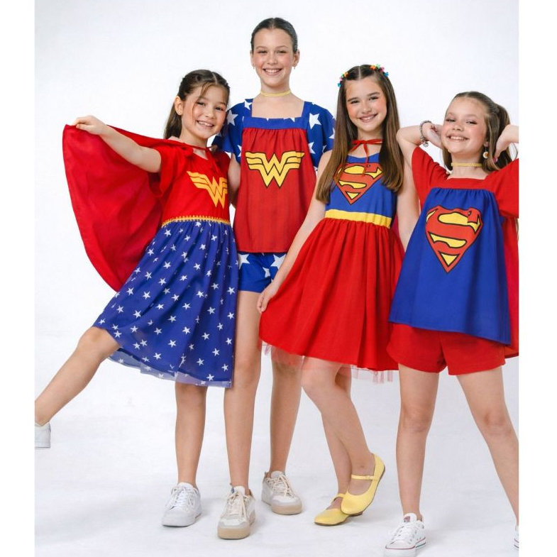 VESTIDO CONJUNTO INFANTIL HEROÍNA MULHER MARAVILHA SUPER GIRL TAM 2 4 6 8 10 12 14 ANOS